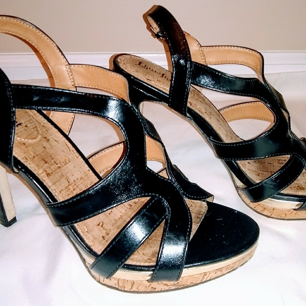 Black/silver open toe heels